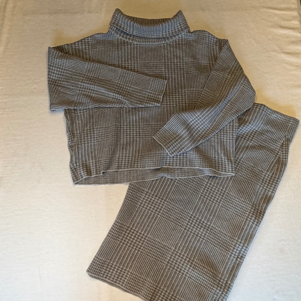 Ann Taylor Two Piece Set Womens Size M Grey Plaid Turtleneck Sweater Midi Skirt